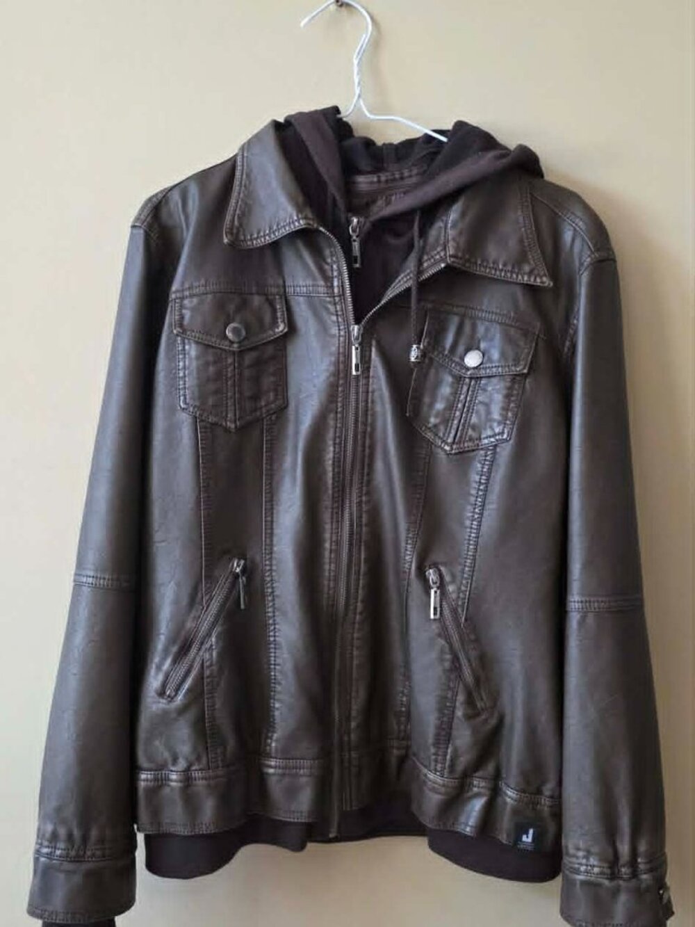 Made By Johnny Women's Brown Faux Leather Zip Jacket with Hood